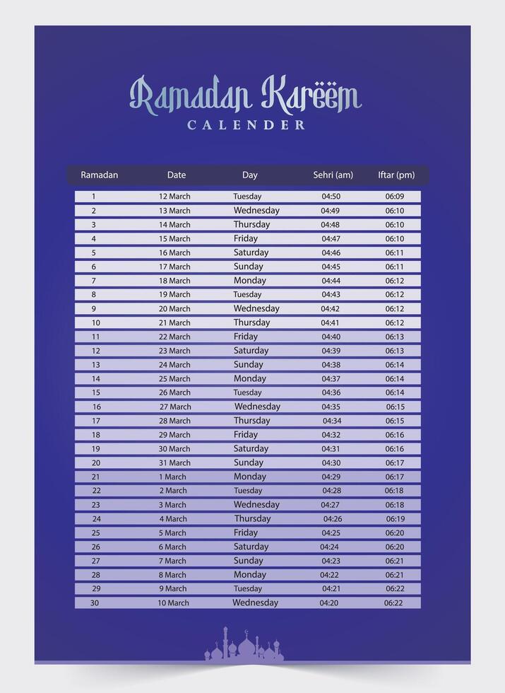 Ramadan Kalender 2024 mit Gebet mal im Ramadan. Ramadan Zeitplan Vektor Design