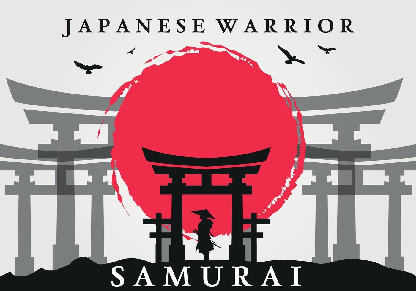 samuraj i främre av traditionell japansk Port. japan tema bakgrund. samuraj tapet. landskap fantasi tapet. japansk samuraj tema bakgrund. vektor
