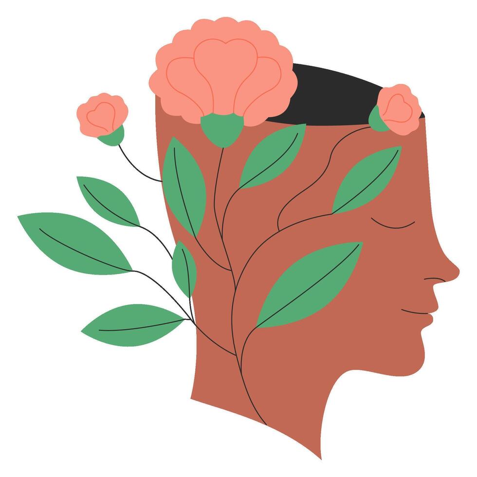 huvud med växande blommor. mental hälsa, väl varelse begrepp. positiv mindfulness. begrepp av lugna sinne, avslappnad och fredlig. vektor platt illustration för webb eller app