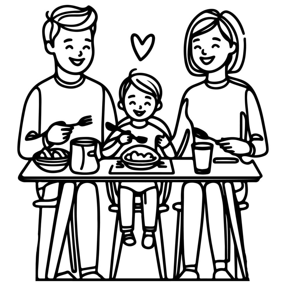 kontinuierlich einer schwarz Linie Kunst Zeichnung glücklich Familie Vater und Mutter mit Kind. haben Abendessen Sitzung beim Tabelle Kritzeleien Stil Vektor Illustration auf Weiß Hintergrund