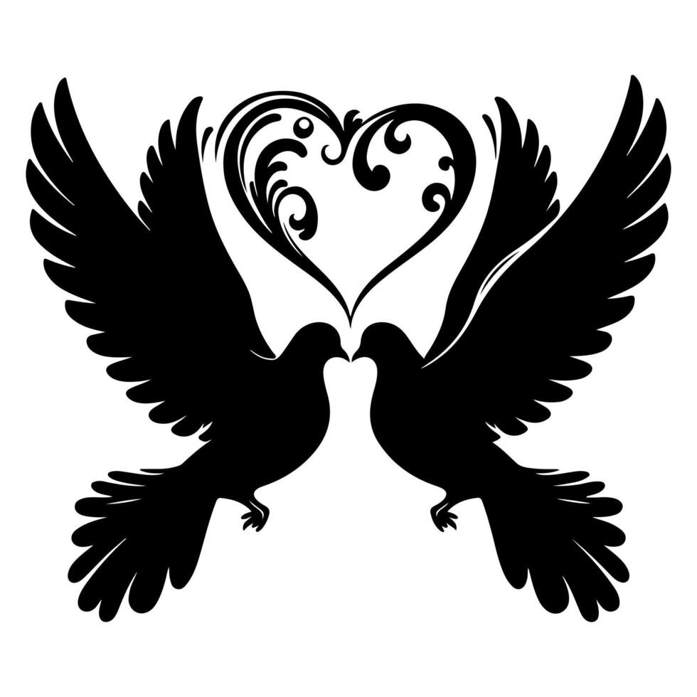 fåglar flyga till göra en hjärta form av kärlek. hand teckning födelse silhuett svart översikt konst isolerat på vit bakgrund, vektor illustration