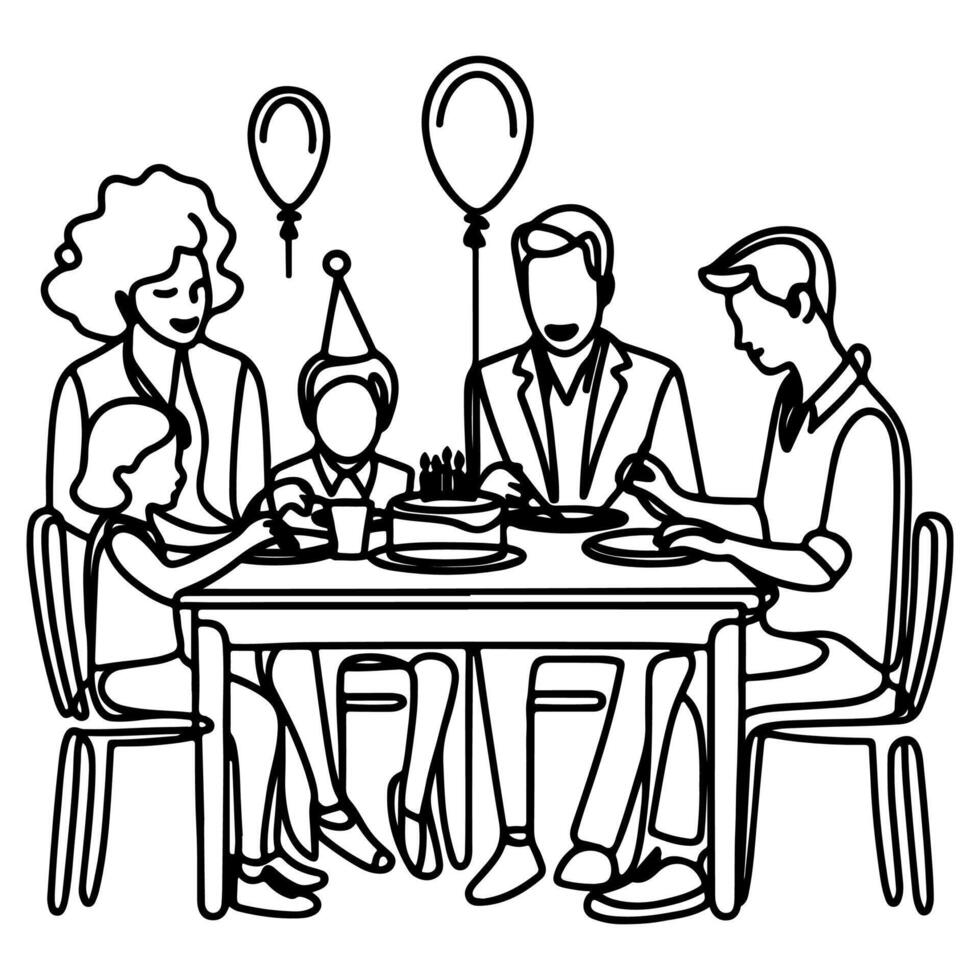 enda kontinuerlig teckning svart linje familj middag Sammanträde på tabell till firande årsdag Lycklig födelsedag fest klotter vektor