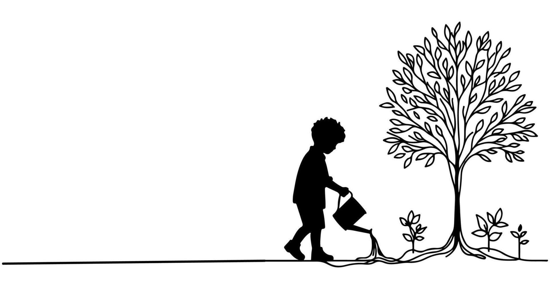 kontinuierlich einer schwarz Linie Kunst Zeichnung Silhouette von Kinder Bewässerung ein Baum. Pflanzen Baum zu speichern das Welt und Erde Tag reduzieren global Erwärmen Wachstum Konzept Vektor Illustration auf Weiß Hintergrund