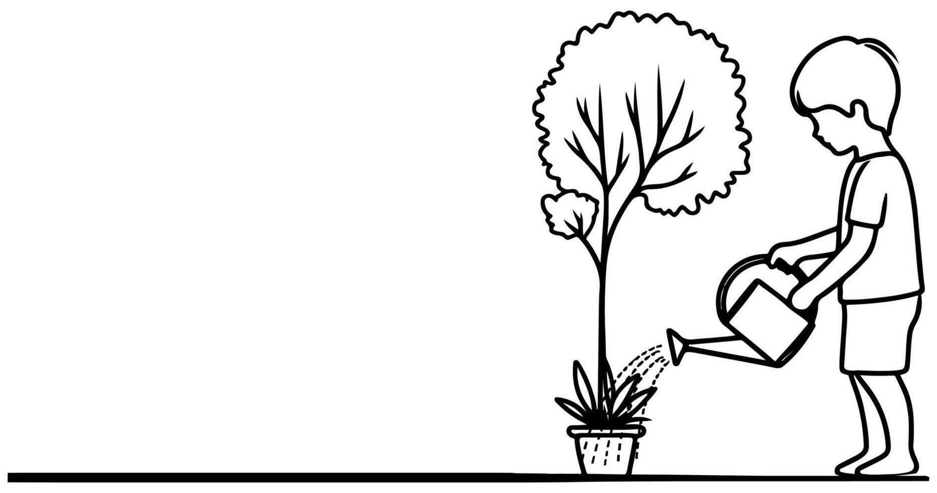 kontinuierlich einer schwarz Linie Kunst Zeichnung Silhouette von Kinder Bewässerung ein Baum. Pflanzen Baum zu speichern das Welt und Erde Tag reduzieren global Erwärmen Wachstum Konzept Vektor Illustration auf Weiß Hintergrund