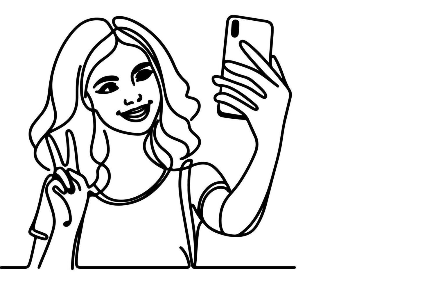 kontinuerlig ett svart linje konst teckning glad ung flicka innehav smartphone till tar verkande selfie eller video ring upp genom mobil telefon översikt klotter vektor familj resa begrepp