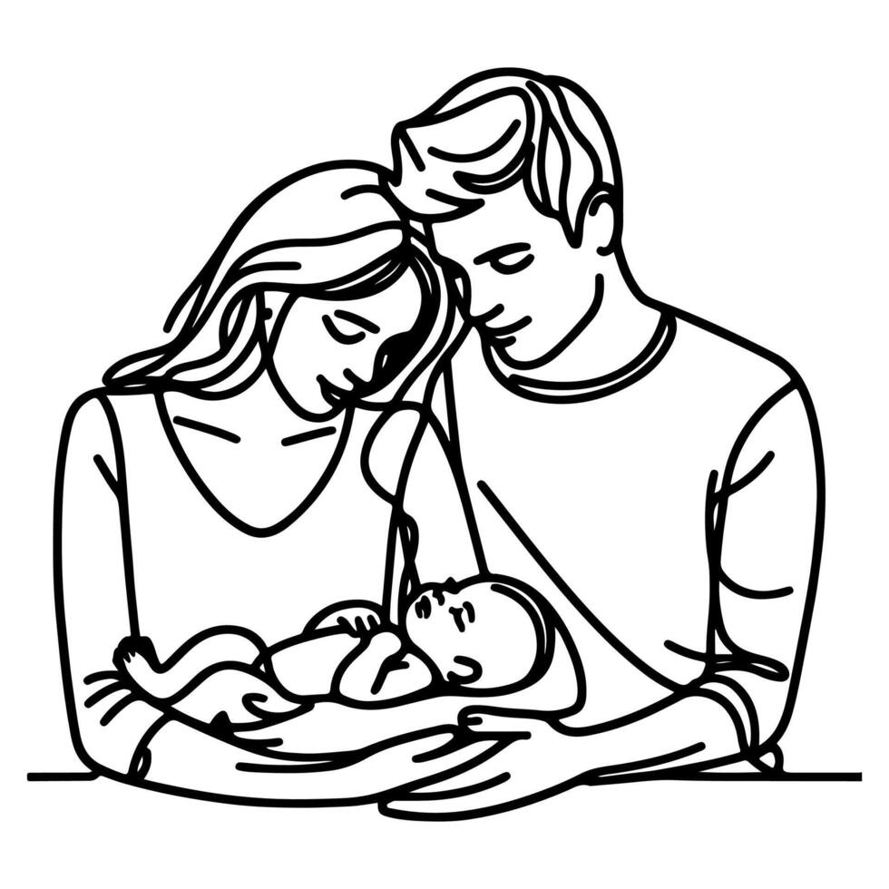 kontinuierlich einer schwarz Linie Kunst Zeichnung Eltern mit Neugeborene Baby Kritzeleien Gliederung Stil Vektor Illustration auf Weiß Hintergrund