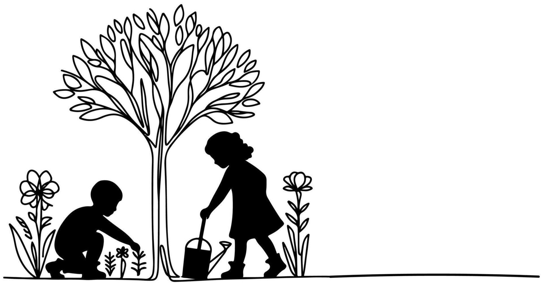 kontinuierlich einer schwarz Linie Kunst Zeichnung Silhouette von Kinder Bewässerung ein Baum. Pflanzen Baum zu speichern das Welt und Erde Tag reduzieren global Erwärmen Wachstum Konzept Vektor Illustration auf Weiß Hintergrund