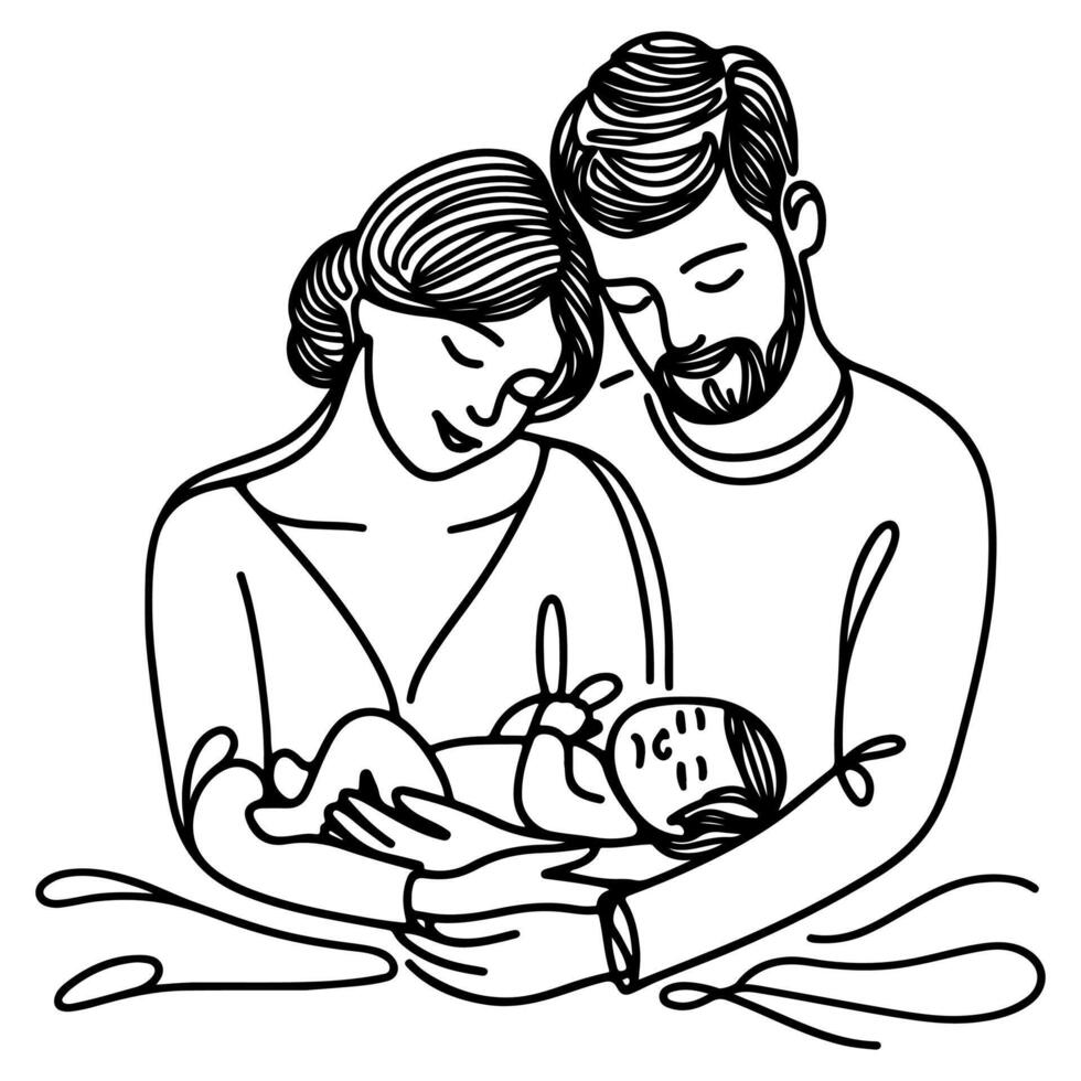 kontinuierlich einer schwarz Linie Kunst Zeichnung Eltern mit Neugeborene Baby Kritzeleien Gliederung Stil Vektor Illustration auf Weiß Hintergrund