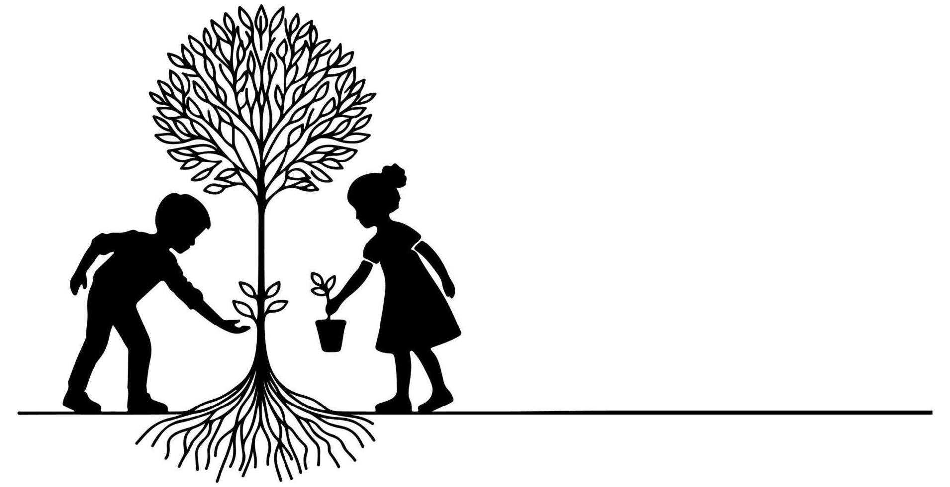 kontinuierlich einer schwarz Linie Kunst Zeichnung Silhouette von Kinder Pflanzen Baum. Schaufel gräbt Wurzeln Pflanze in Boden zu speichern das Welt und Erde Tag reduzieren global Erwärmen Wachstum vektor