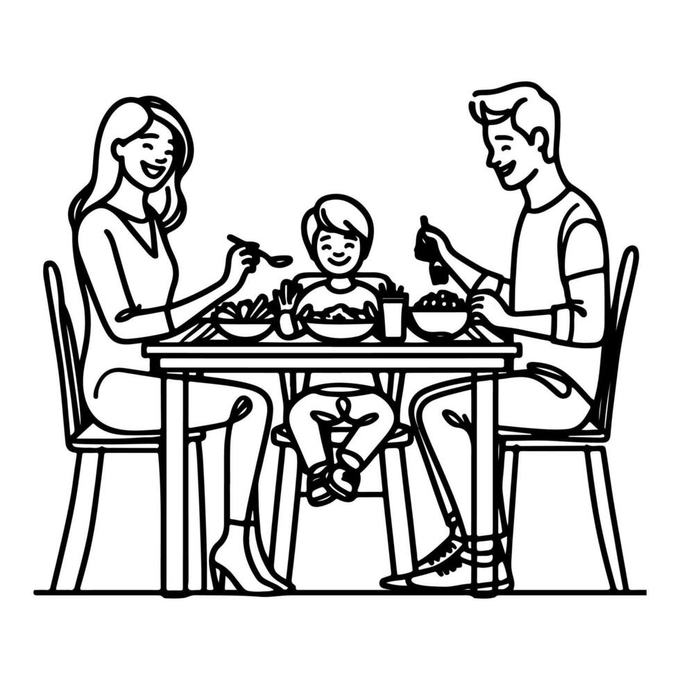 kontinuerlig ett svart linje konst teckning Lycklig familj far och mor med barn. har middag Sammanträde på tabell klotter stil vektor illustration på vit bakgrund
