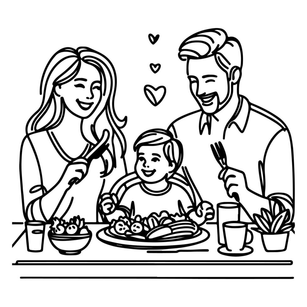 kontinuierlich einer schwarz Linie Kunst Zeichnung glücklich Familie Vater und Mutter mit Kind. haben Abendessen Sitzung beim Tabelle Kritzeleien Stil Vektor Illustration auf Weiß Hintergrund