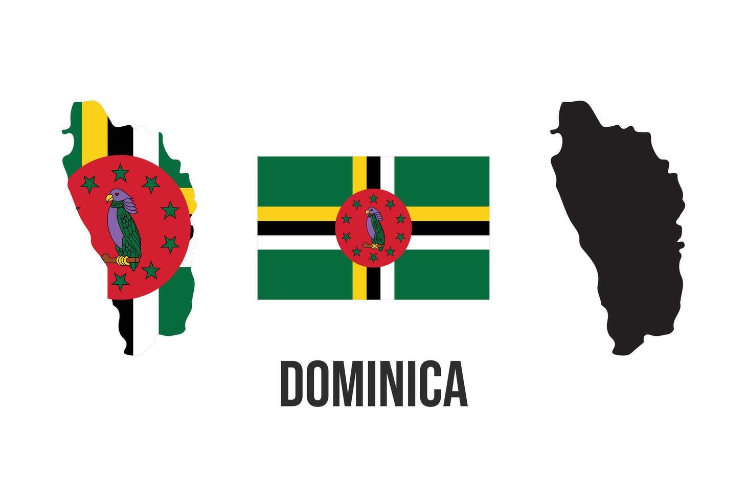 Dominica Flagge mit Karte. Dominica Land Vektor Illustration Silhouette Karte. Norden amerikanisch Land