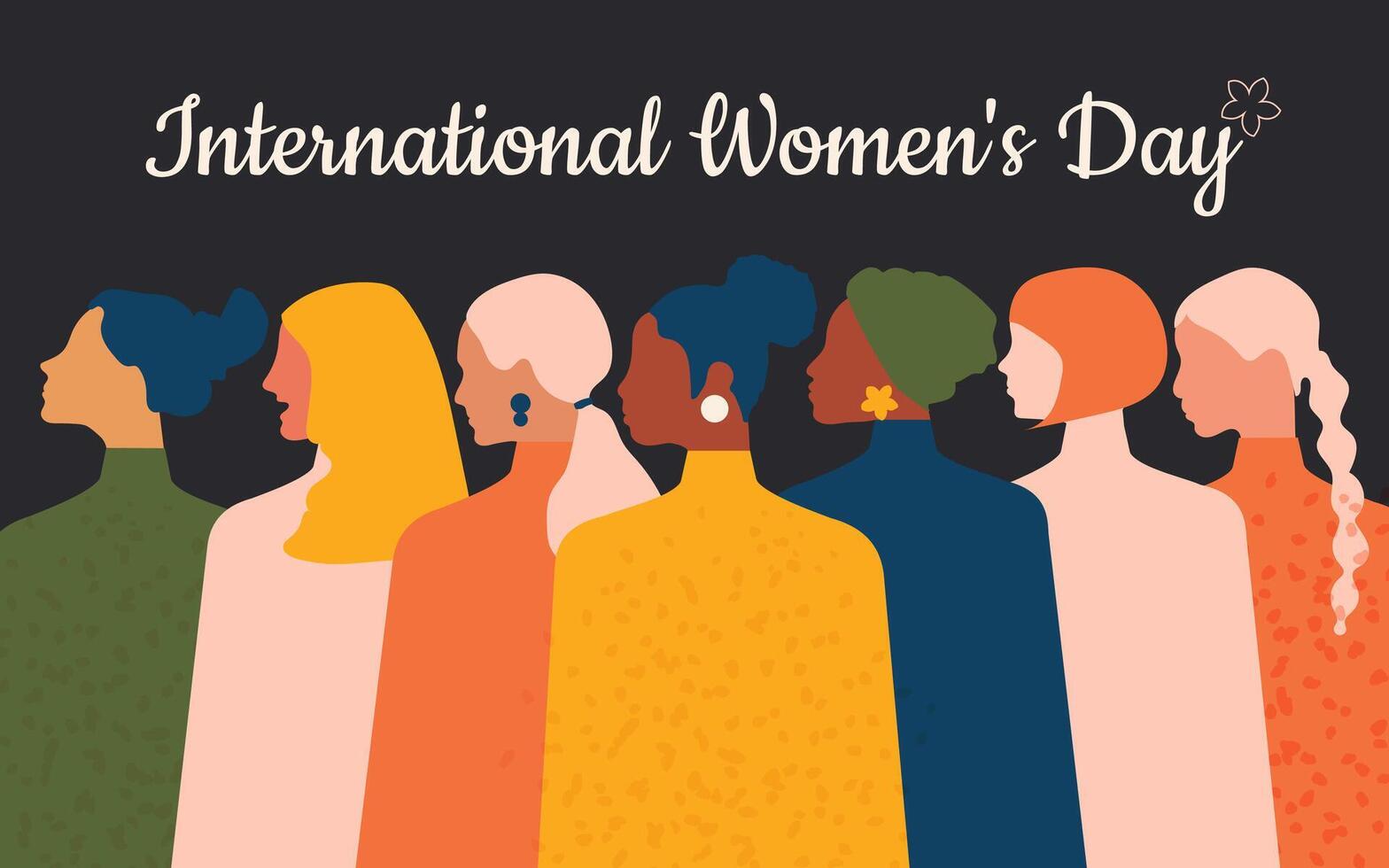 Postkarte zum International Damen Tag, im welche Frauen von anders Nationalitäten Stand zusammen auf ein schwarz horizontal Hintergrund. Vektor. vektor