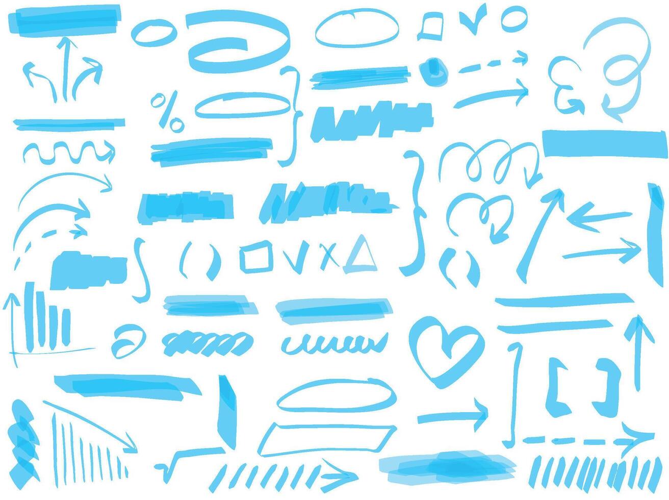 Blau Hand gezeichnet Textmarker Satz. Vektor Hand gezeichnet Grafik stilvoll Elemente. Marker Stift Markieren unterstreichen Schläge.