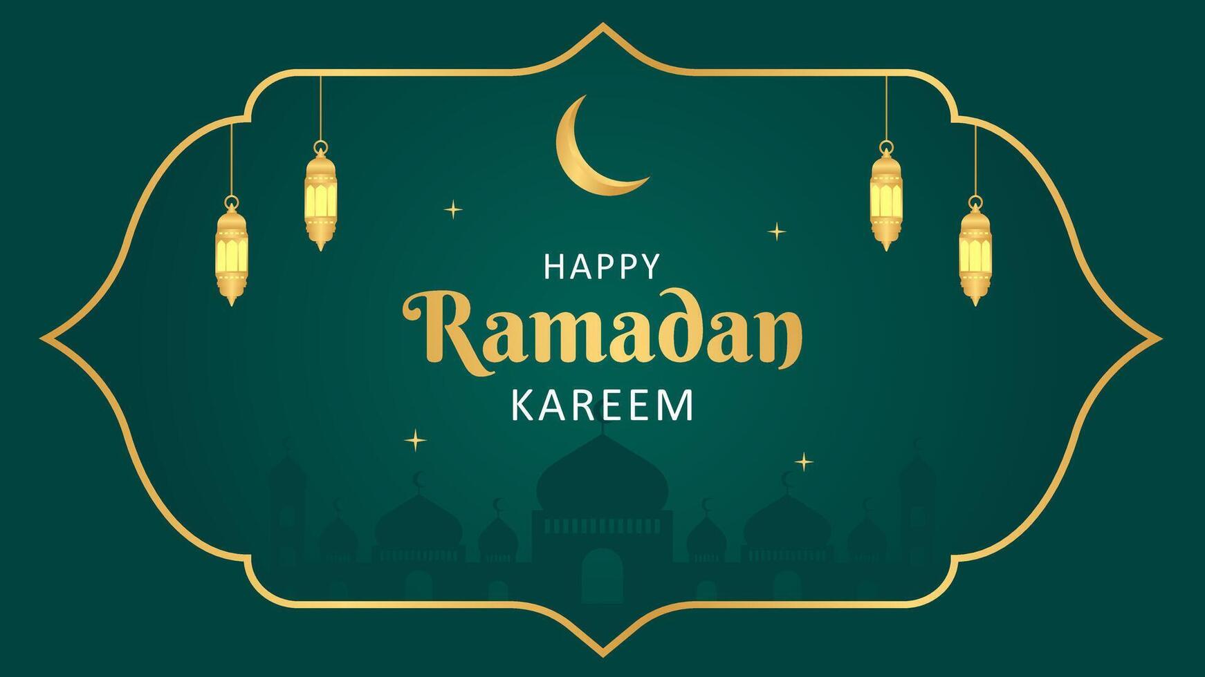 islamisch Ramadan Feier Vorlage Banner Design mit Gold Rahmen und Laterne Illustration. Ramadan Grün Vektor Hintergrund.