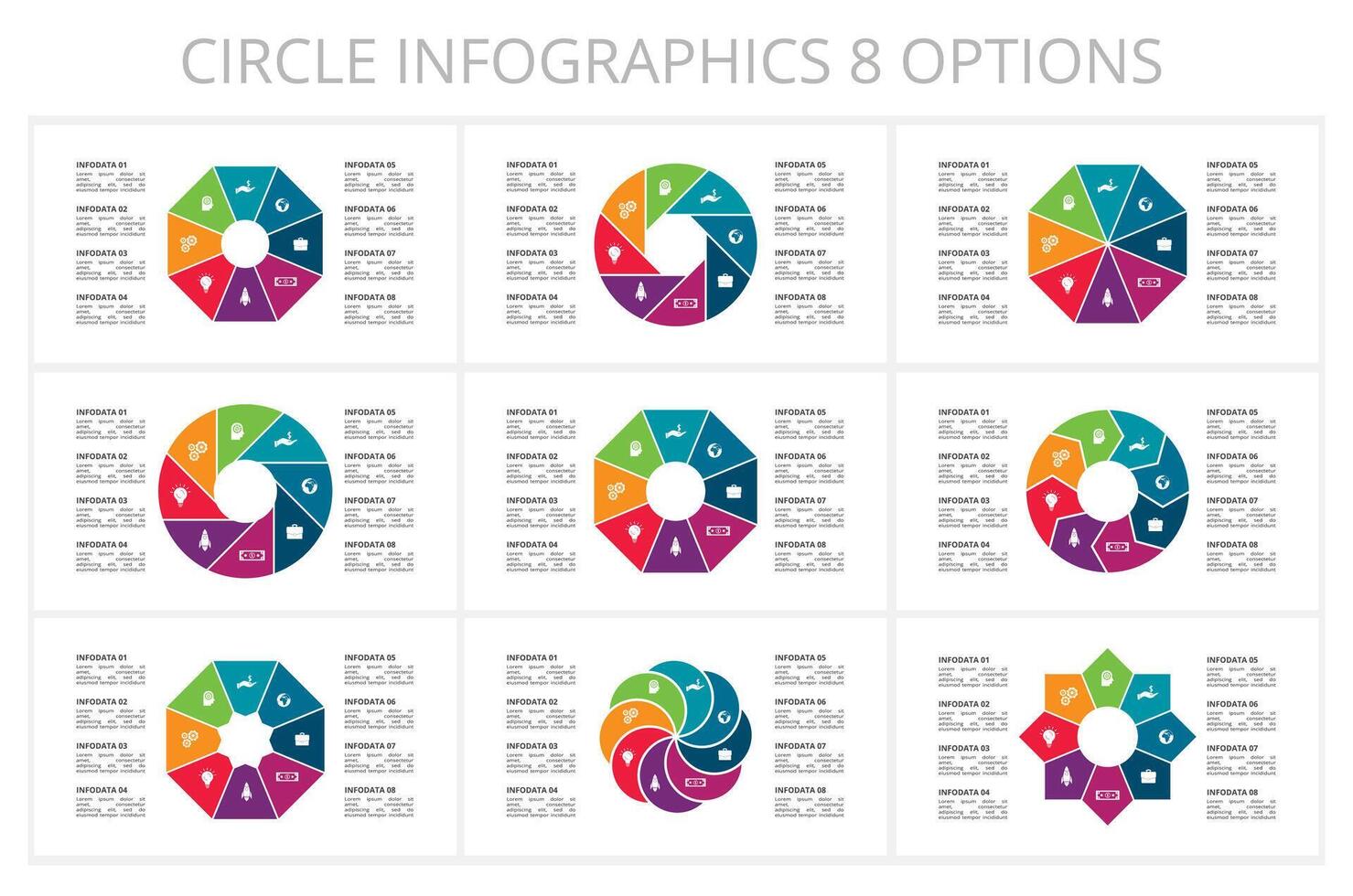 einstellen Kreis Elemente von Graph, Diagramm mit 8 Schritte, Optionen, Teile oder Prozesse. Vorlage zum Infografik, Präsentation. vektor