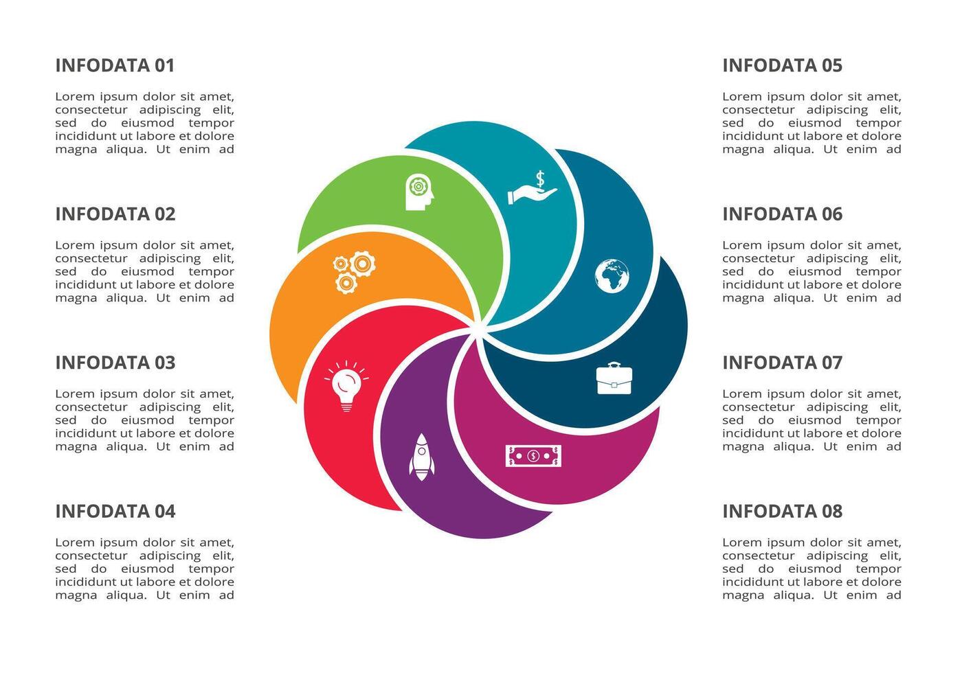 kreativ begrepp för infographic med 8 steg, alternativ, delar eller processer. företag data visualisering. vektor