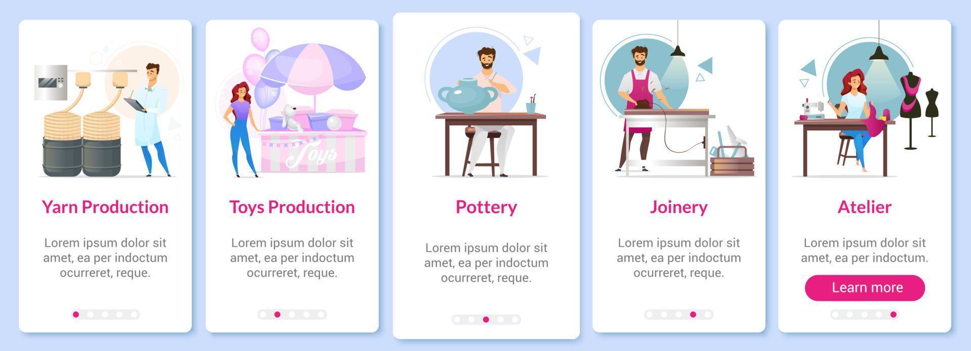 Produktionsfelder beim Onboarding der Bildschirmvektorvorlage für mobile Apps. Garnherstellung. Keramik. Tischlerei. Atelier. Walkthrough-Website-Schritte mit flachen Zeichen. ux, ui, gui Smartphone-Cartoon-Schnittstellenkonzept vektor