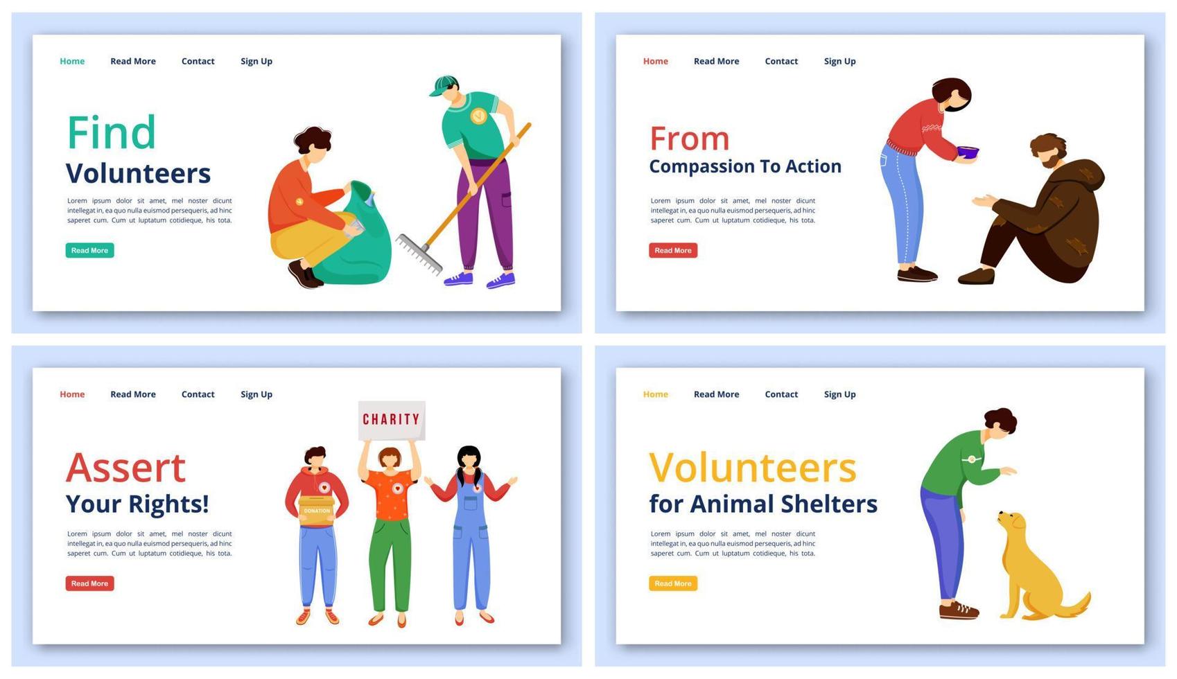 frivilliga aktiviteter målsida vektor mallar set. välgörenhetswebbplats gränssnitt idé med platta illustrationer. layout för social vård och supporthemsida. volontärarbete webbbanner tecknad koncept