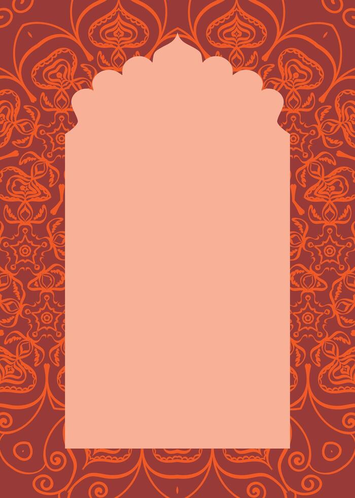 indisch rot Fenster Rahmen mit Blumen- Muster im Mogul Stil Vektor orientalisch dekorativ Design Vorlage, Platz zum Text Karte, Hochzeit Einladung