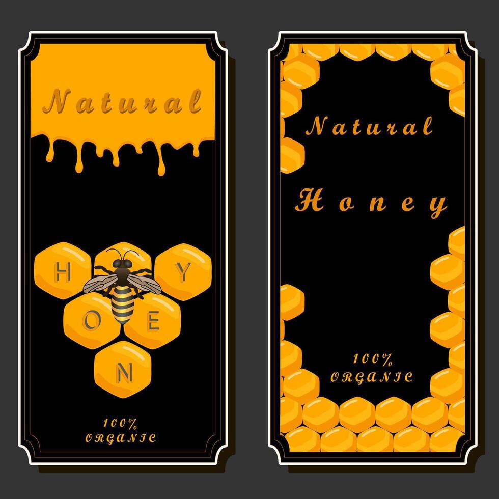 Illustration auf Thema zum Etikette von zuckerhaltig fließend Nieder Honig im Bienenwabe mit Biene vektor