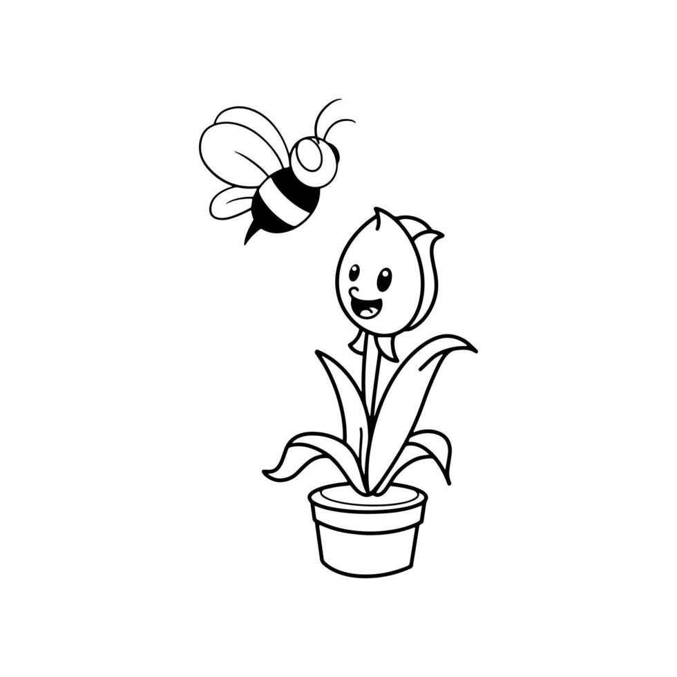 Jahrgang Stil groovig Karikatur Charakter Tulpe Anlage, Topf, süß Biene Illustration. Vektor. isoliert Weiß Hintergrund. vektor