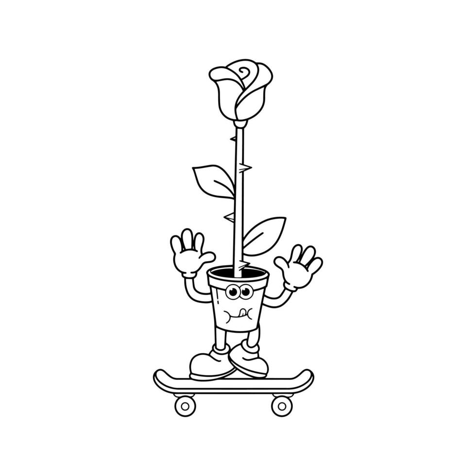 Jahrgang Stil groovig Karikatur Charakter Rose Pflanze Topf illustration.vektor vektor