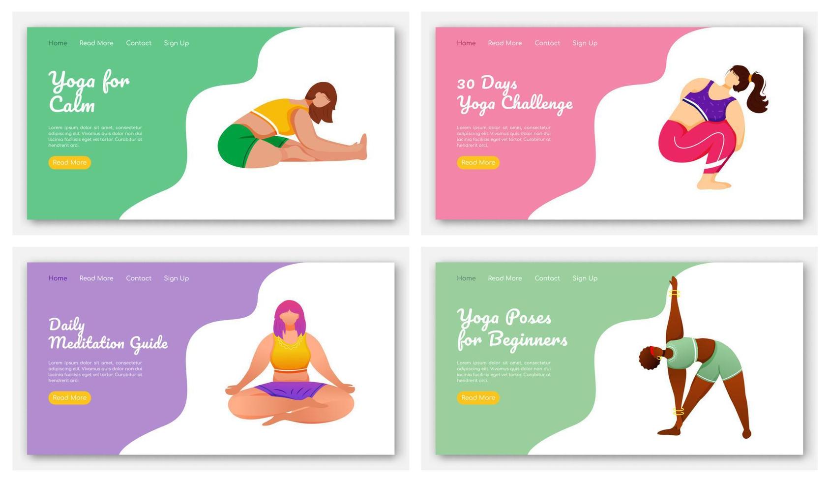 Yoga und Meditation stellt Zielseitenvektorvorlagensatz. Dehnungsübungen. Bodypositive Website-Schnittstellenidee mit flachen Illustrationen. Homepage-Layout, Webbanner, Webseiten-Cartoon-Konzept vektor