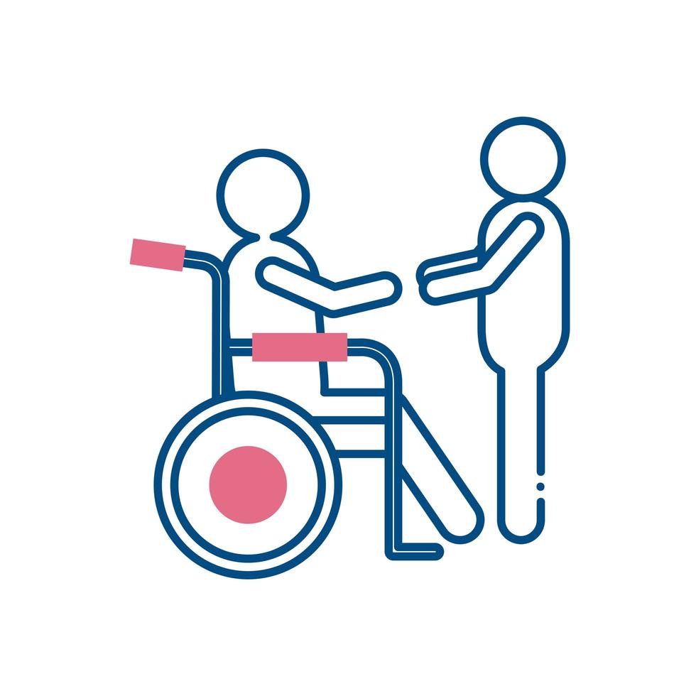 Mann hilft anderen auf Rollstuhl-Linienstil-Symbol-Vektor-Design vektor