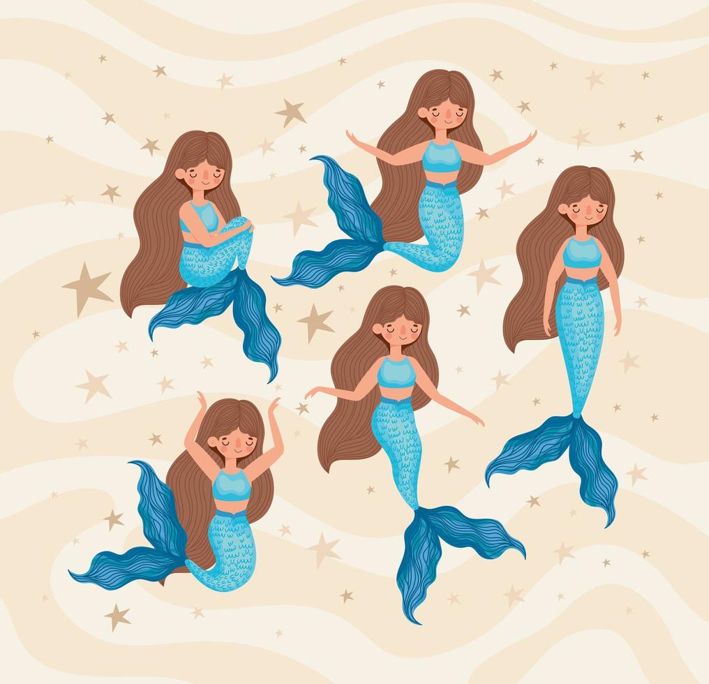 fünf blaue Meerjungfrauen vektor