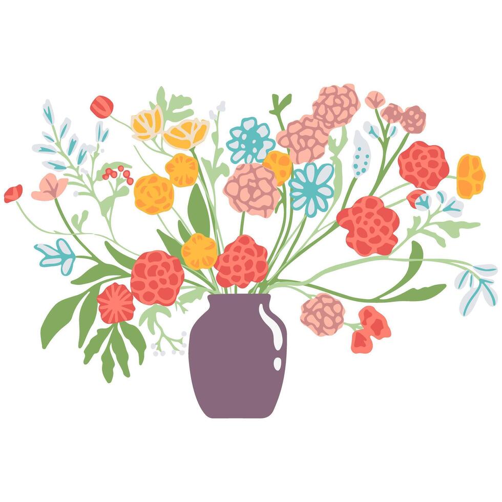 skön buketter med trädgård och vild blommor vektor platt illustration. olika blomning växter med stjälkar och löv isolerat på vit. blommig dekoration eller gåva
