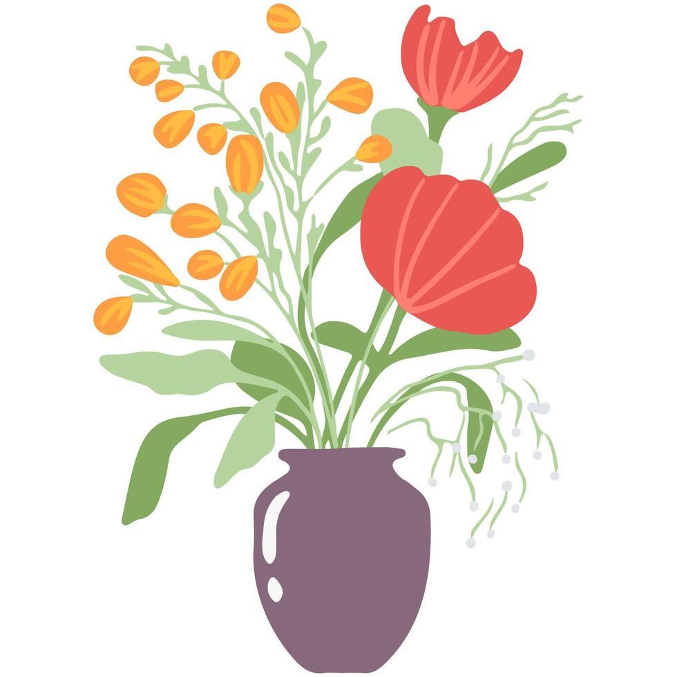 schön Blumensträuße mit Garten und wild Blumen Vektor eben Illustration. verschiedene Blühen Pflanzen mit Stängel und Blätter isoliert auf Weiß. Blumen- Dekoration oder Geschenk