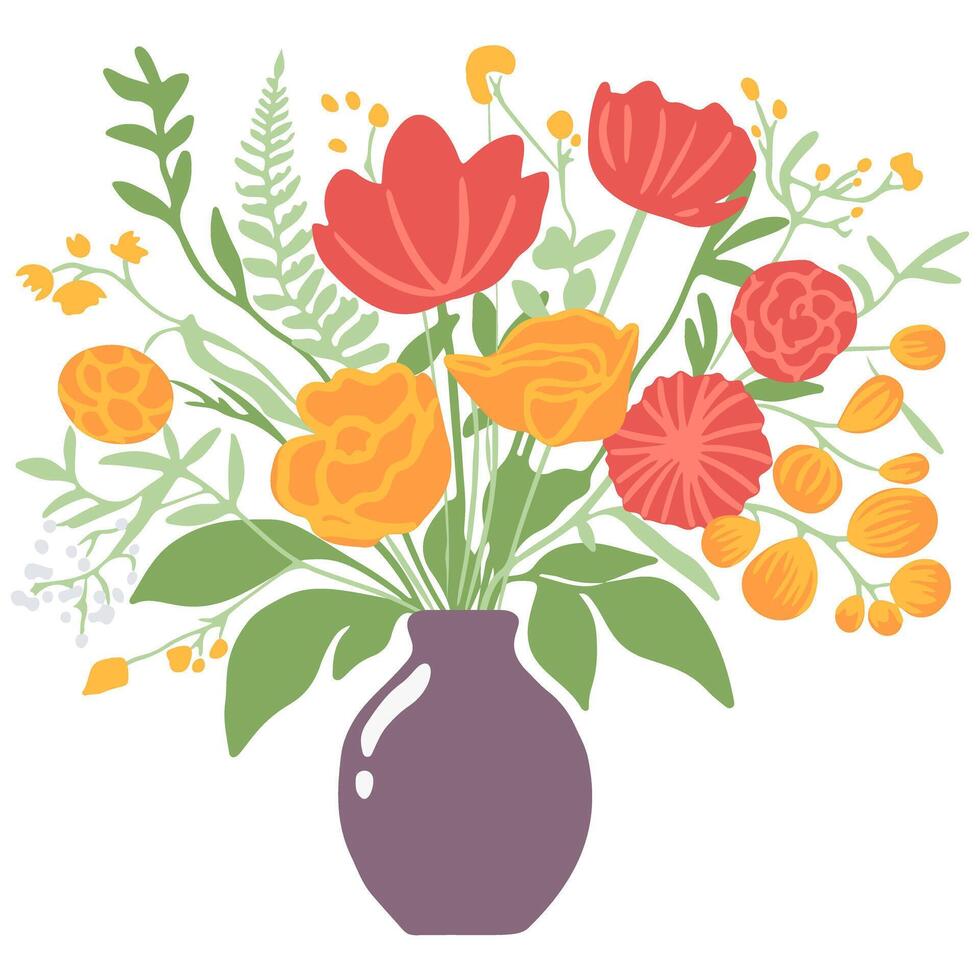 schön Blumensträuße mit Garten und wild Blumen Vektor eben Illustration. verschiedene Blühen Pflanzen mit Stängel und Blätter isoliert auf Weiß. Blumen- Dekoration oder Geschenk