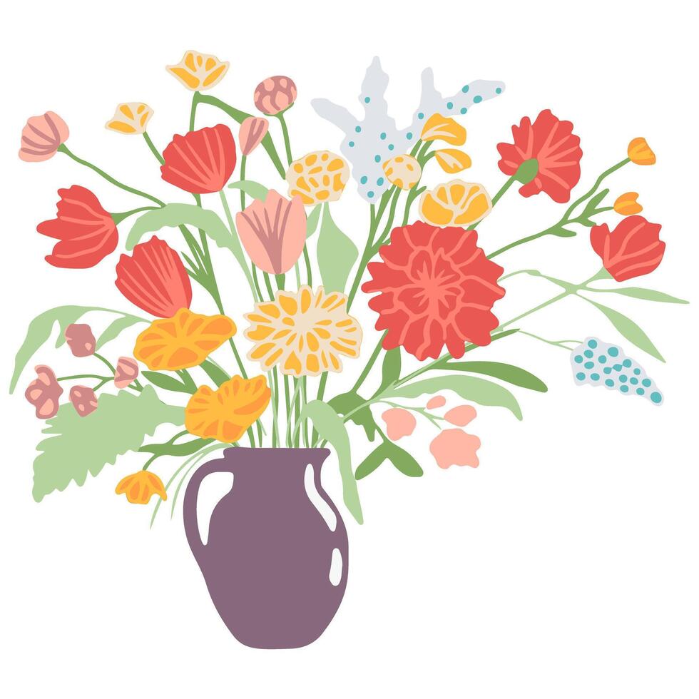 schön Blumensträuße mit Garten und wild Blumen Vektor eben Illustration. verschiedene Blühen Pflanzen mit Stängel und Blätter isoliert auf Weiß. Blumen- Dekoration oder Geschenk