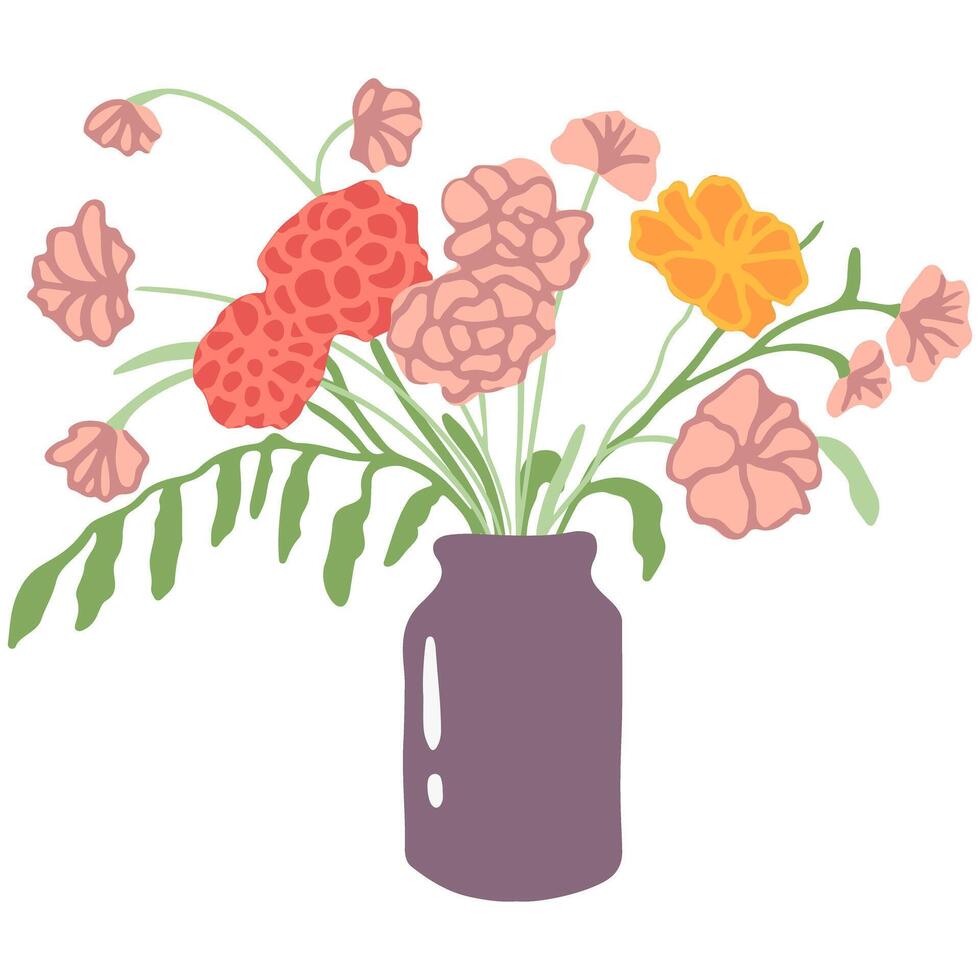 skön buketter med trädgård och vild blommor vektor platt illustration. olika blomning växter med stjälkar och löv isolerat på vit. blommig dekoration eller gåva