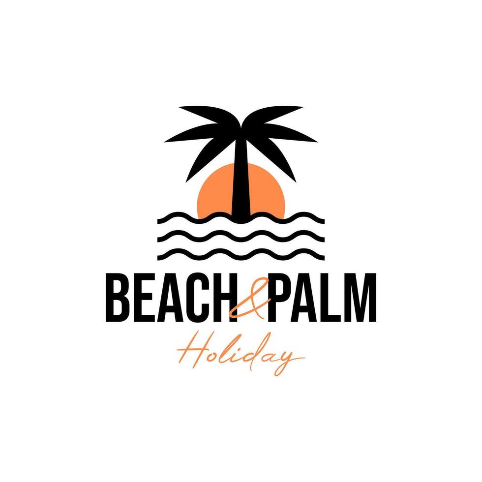Strand Sonnenuntergang und Palme Baum Logo Design Konzept Vektor Illustration
