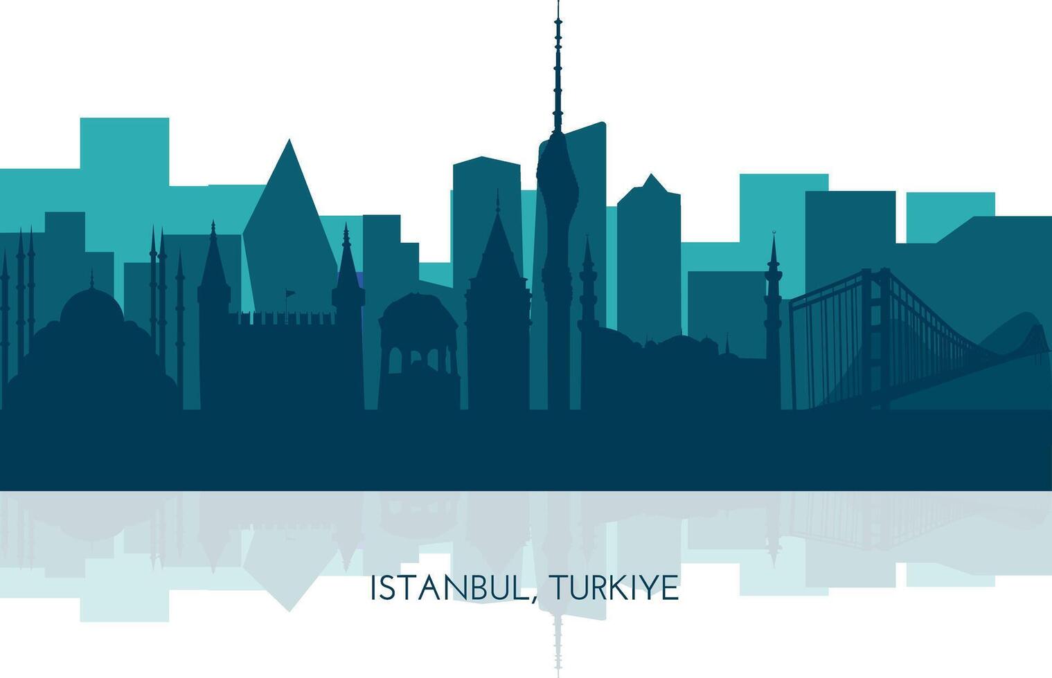 Silhouetten von Istanbul, Vektor Illustration. berühmt die Architektur Sehenswürdigkeiten Topkapi Palast, Sultanahmet Moschee, Deutsche Brunnen, Galata Turm, Fernseher Turm, Bosporus Brücke