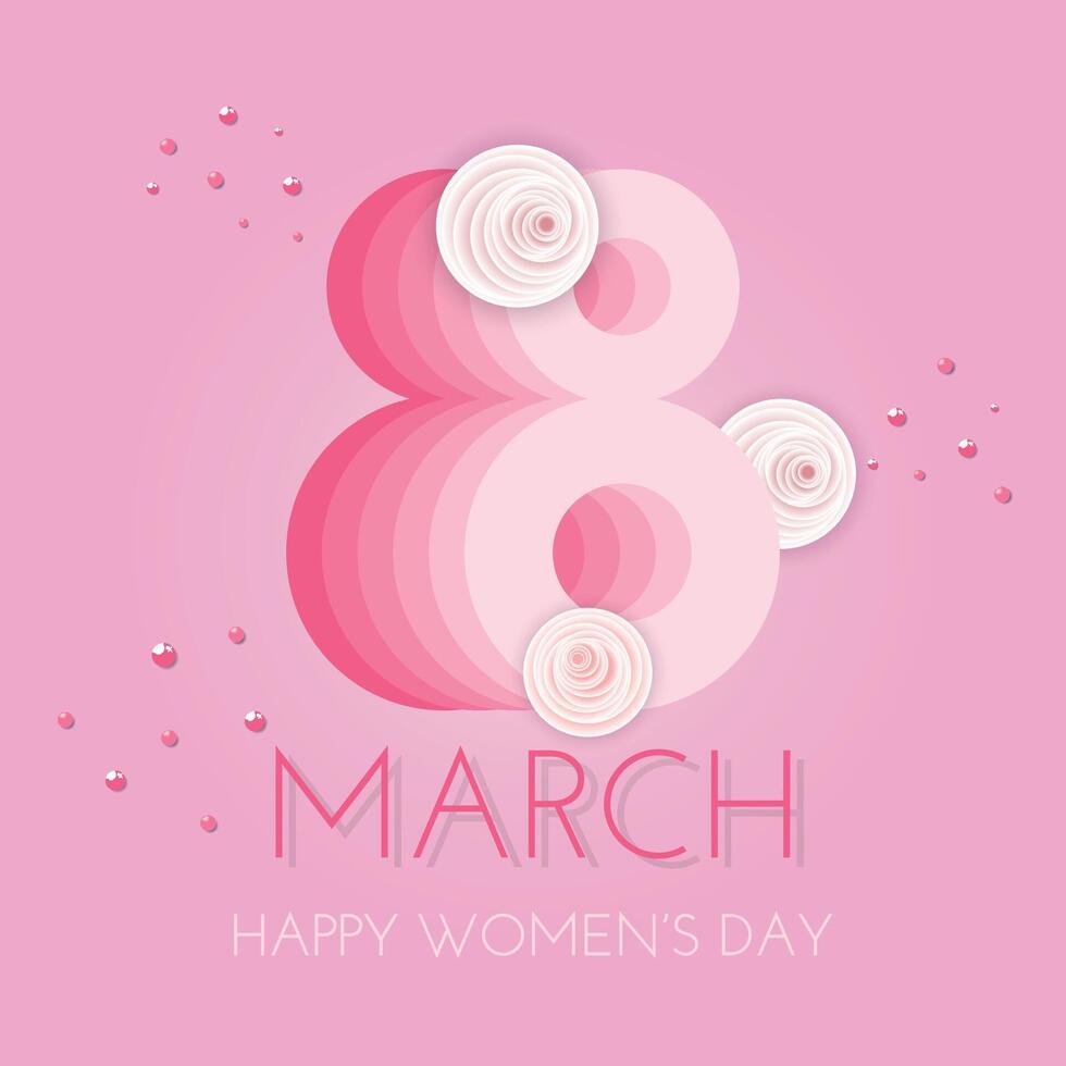8 Mars, internationell kvinnor dag hälsning kort, vektor illustration. stor siffra åtta med ro på rosa bakgrund