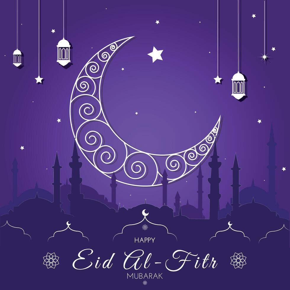 halvmåne islamic med lyktor och stjärnor för ramadan, eid mubarak. hälsning kort, baner. halv måne, lampa, moskén. vektor illustration