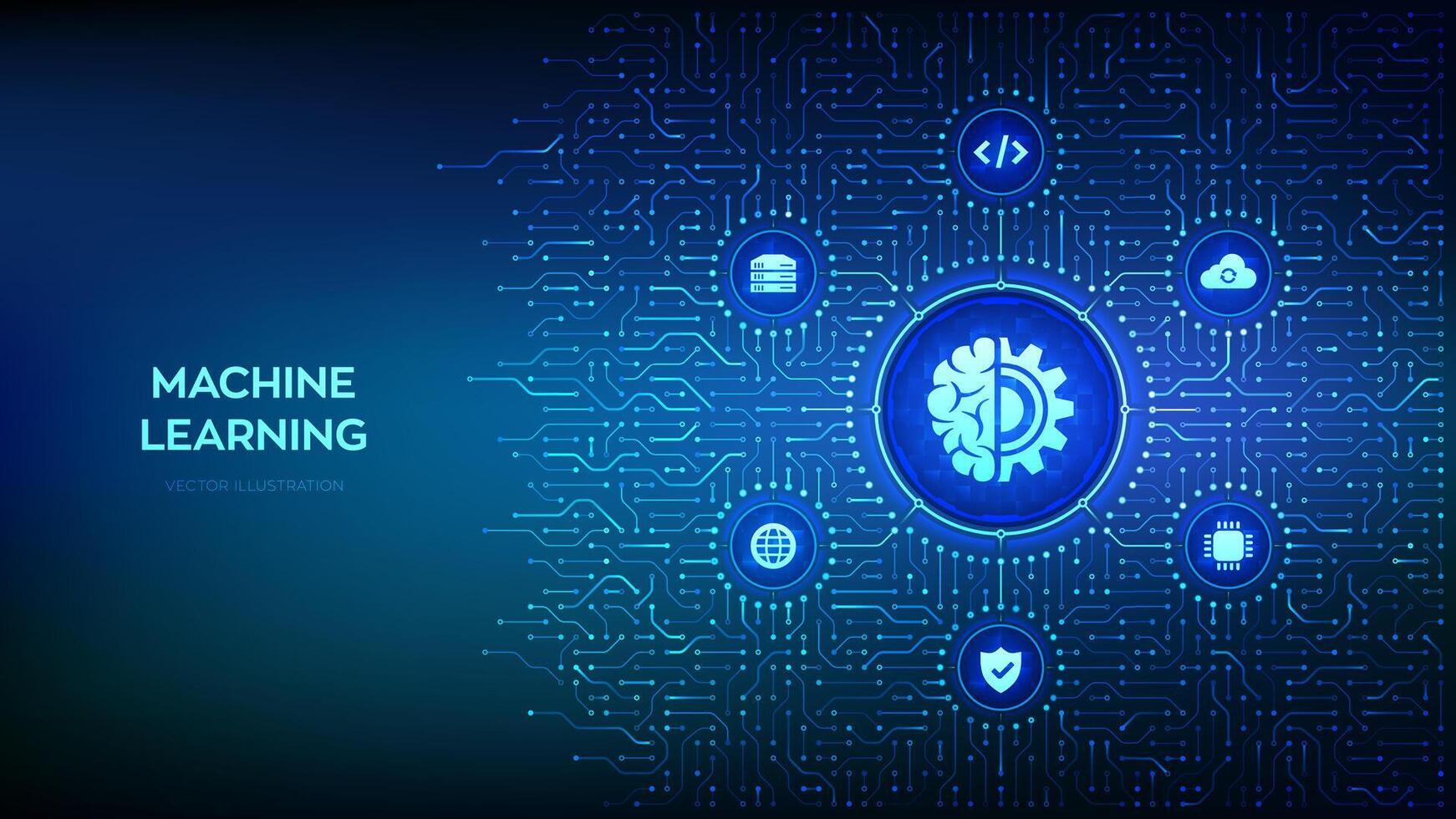 Maschine Lernen. ai künstlich Intelligenz. tief Lernen. Daten Bergbau, groß Daten, Algorithmus, neural Netzwerk. Hintergrund mit Schaltkreis Tafel Verbindungen und Technik Symbole. Vektor Illustration.