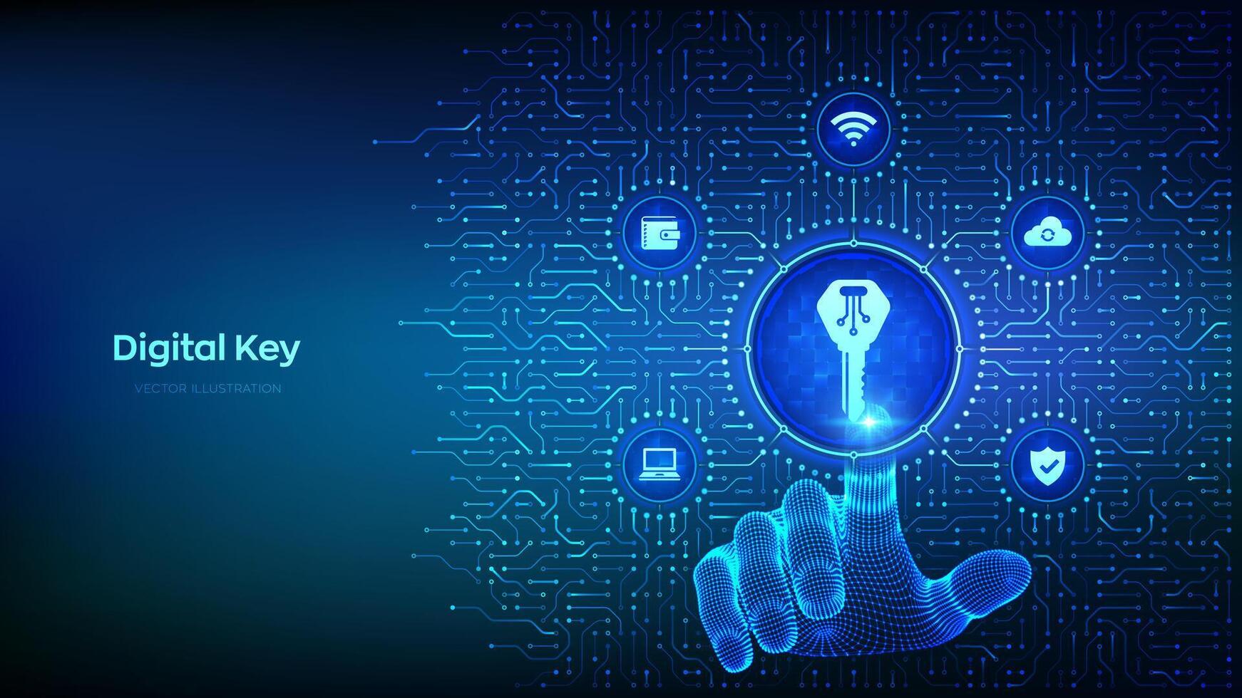 Digital Taste. elektronisch Taste. persönlich Daten Schutz. Cyber Sicherheit und Zugriff Konzept. Hintergrund mit Schaltkreis Tafel Verbindungen und Technik Symbole. Drahtmodell Hand drücken Taste. Vektor Illustration.