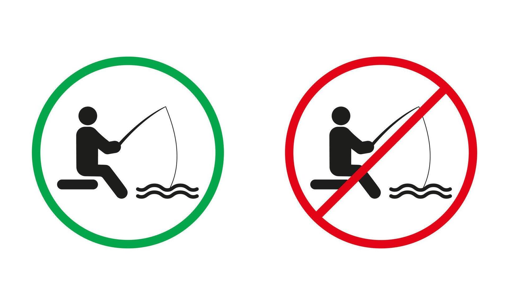 fiske område varning tecken. fiskare med fiske stång silhuett ikoner uppsättning. fånga fisk i sjö är tillåten. fiske förbjuden symbol. isolerat vektor illustration