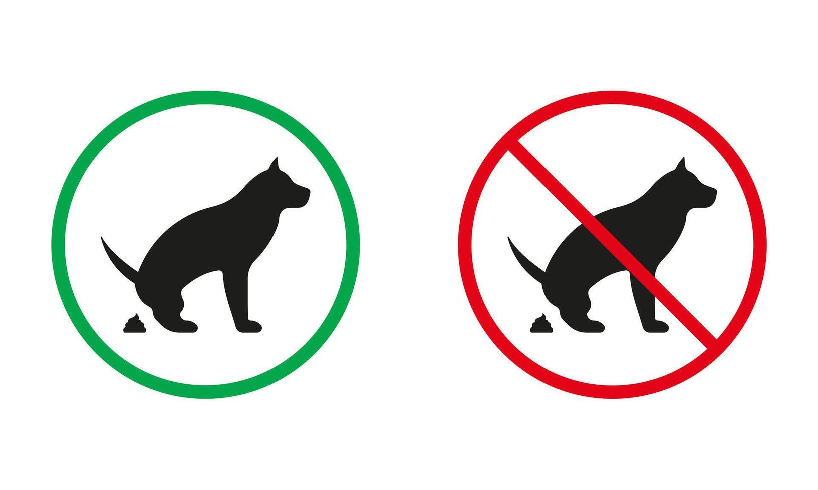 hund pooping varning tecken. sällskapsdjur skiter silhuett ikoner uppsättning. djur- bajs tillåten, sällskapsdjur ha avföring förbjuden plats symbol. isolerat vektor illustration