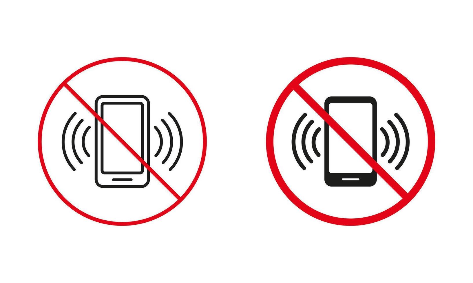 Nej mobil telefon tillåten varning tecken uppsättning. kallelse förbjuden, använda sig av smartphone är förbjuden linje och silhuett ikoner. tyst zon röd cirkel symbol. isolerat vektor illustration