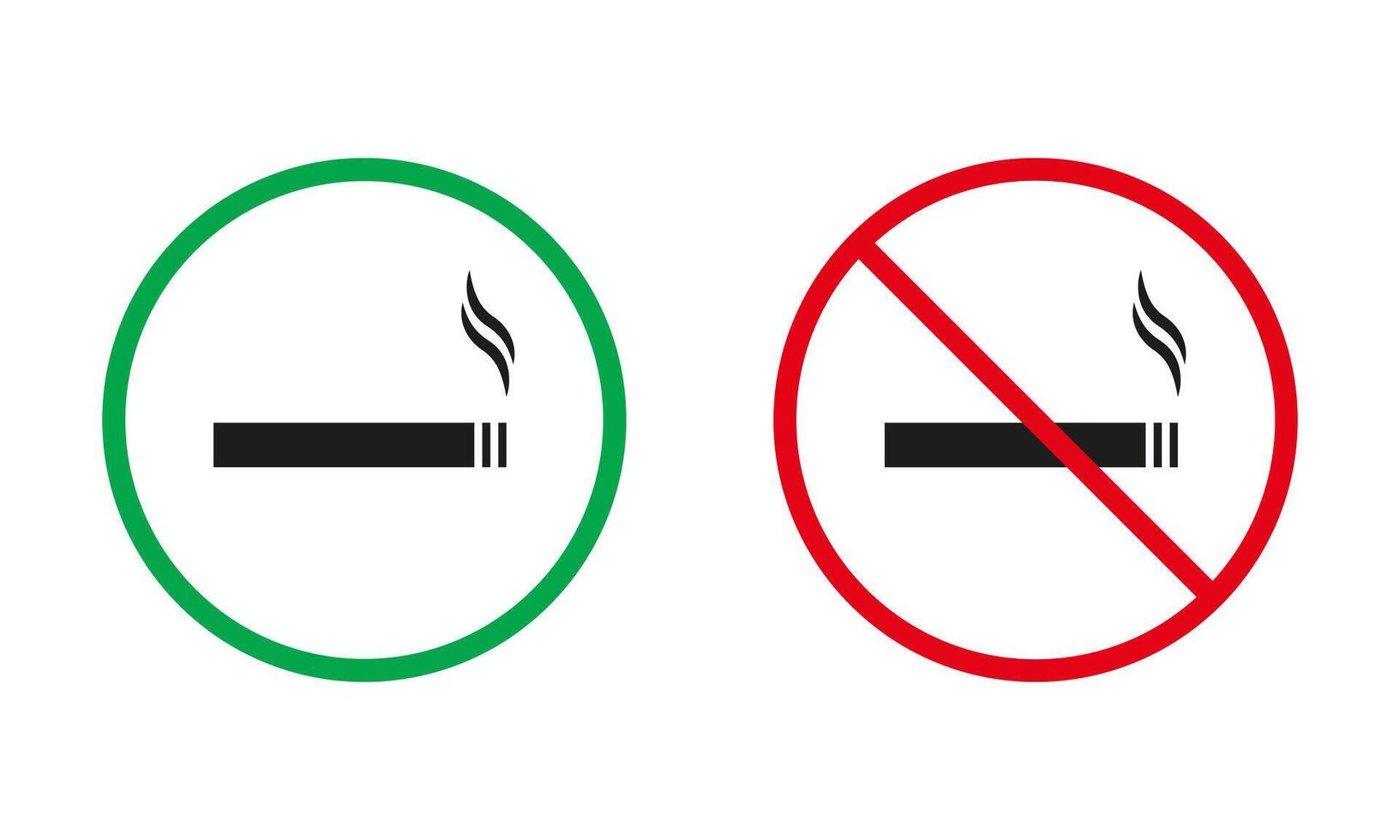 rökning röd och grön varning tecken. rök cigarett silhuett ikoner uppsättning. område för rökning nikotin tillåten, cigarett förbjuden symbol. isolerat vektor illustration