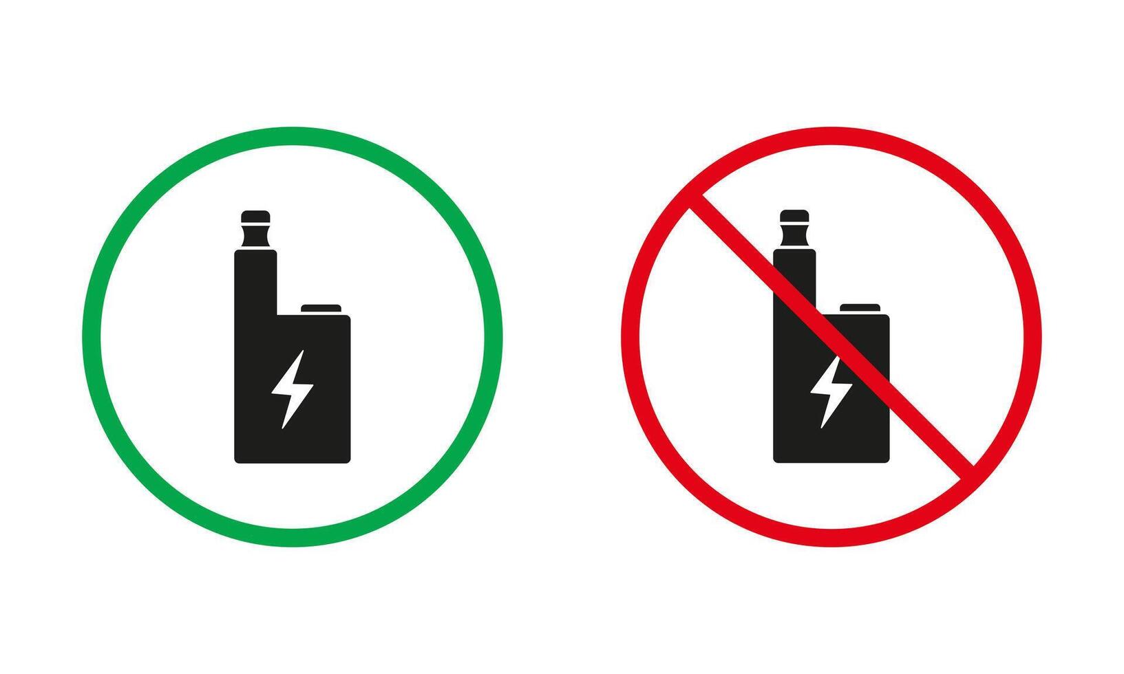 Dampfen Zone rot und Grün Warnung Zeichen. vaping Platz Silhouette Symbole Satz. elektrisch Zigarette Bereich erlaubt, Rauchen E-Zigarette verboten Symbol. isoliert Vektor Illustration