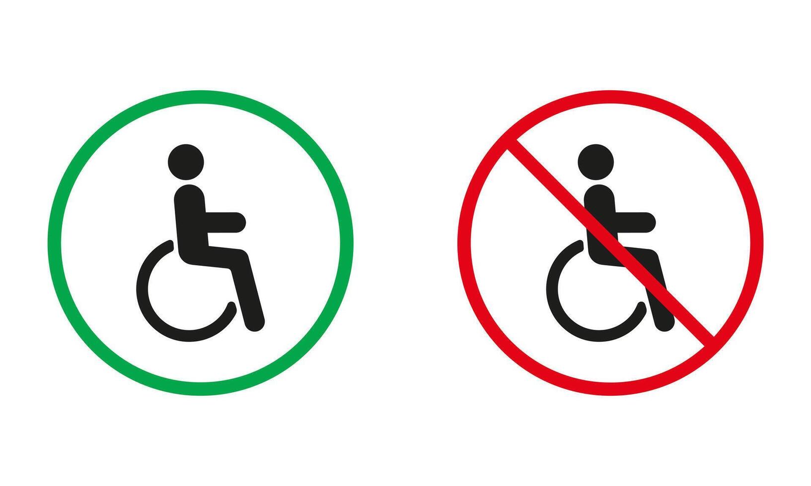 handikappade man silhuett ikoner uppsättning. inträde för Inaktiverad människor tillåten och förbjuden symboler. person i rullstol röd och grön varning tecken. isolerat vektor illustration