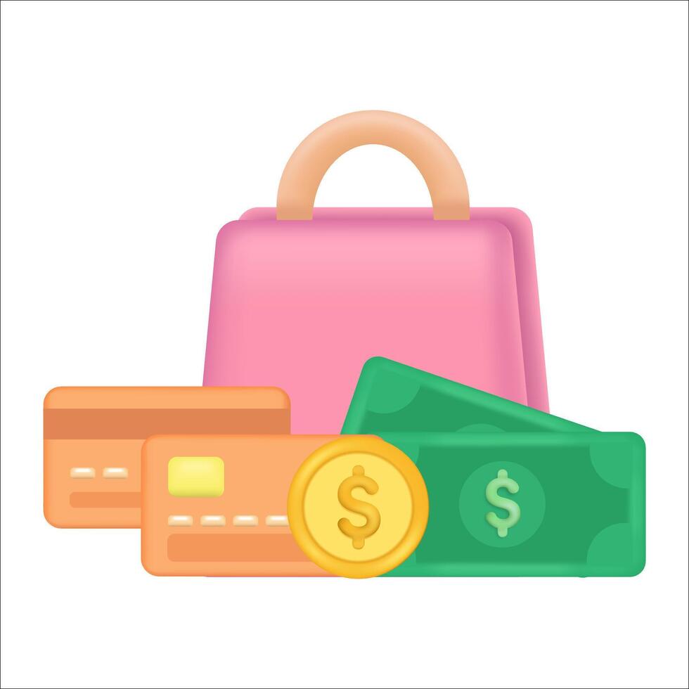 Einkaufen Tasche mit Geld und Anerkennung Karte. Internet speichern, online Einkaufen Konzept. vektor