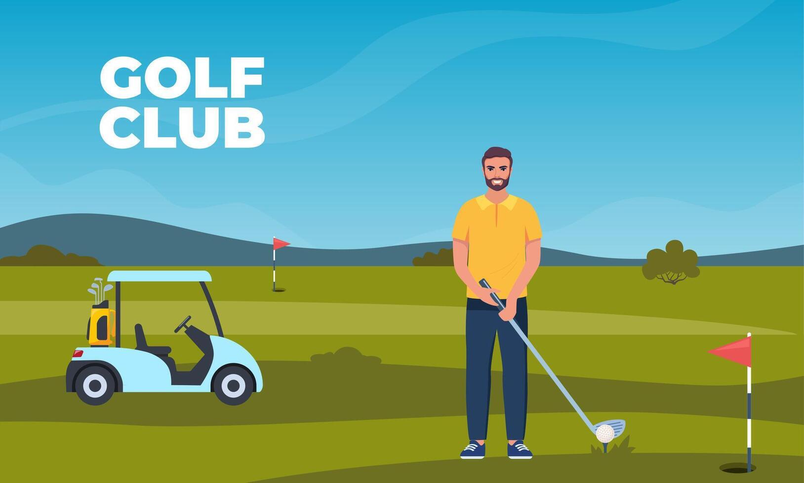 Mann spielen Golf. Golfspieler mit Golf Verein auf Grün Gras, Tasche mit Fachmann Ausrüstung und Fahren Wagen, Sport Spiel draussen Konzept. Sommer- Hobby und Erholung. Vektor Illustration.