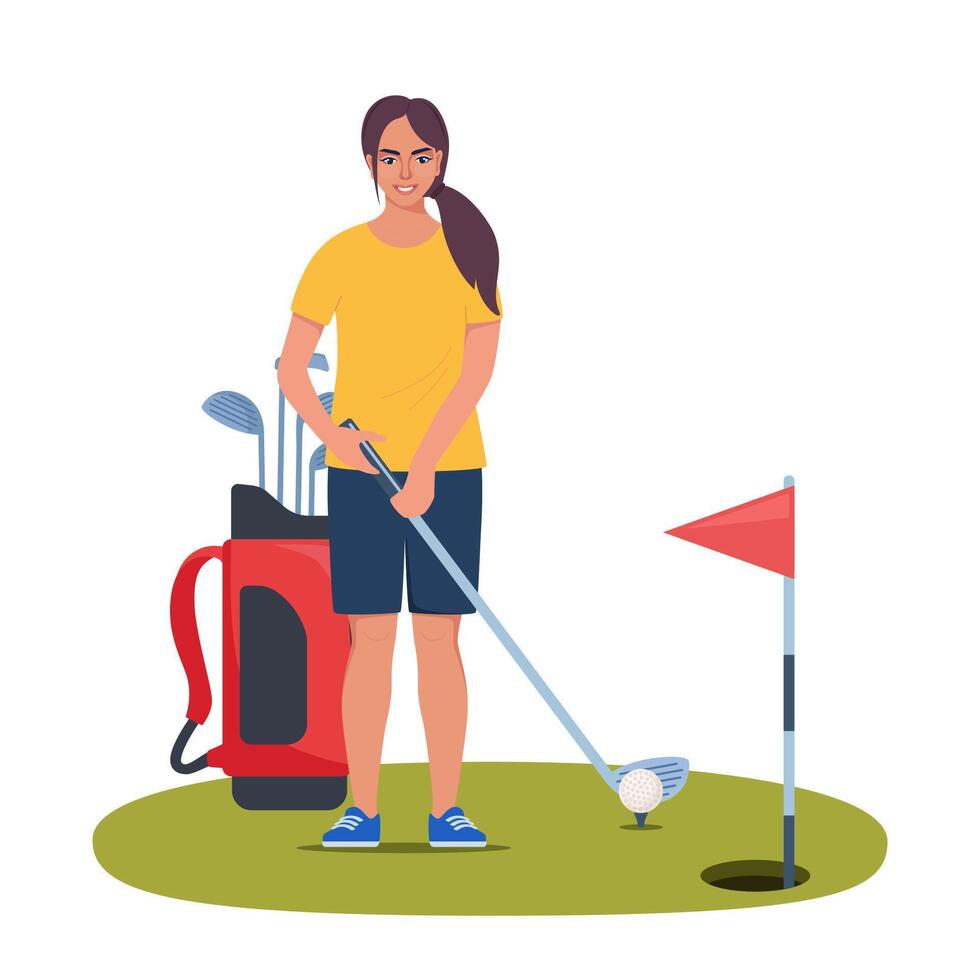 golf spelare isolerat. ung kvinna i enhetlig spelar golf på kurs med grön gräs. flicka innehav golf klubb och framställning till träffa de boll. vektor illustration.